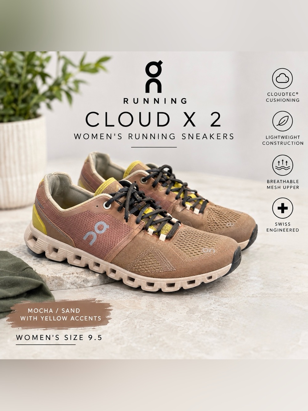 On Cloud X 2 Women’s 9.5 Mocha Sand Brown Yellow Running Sneakers